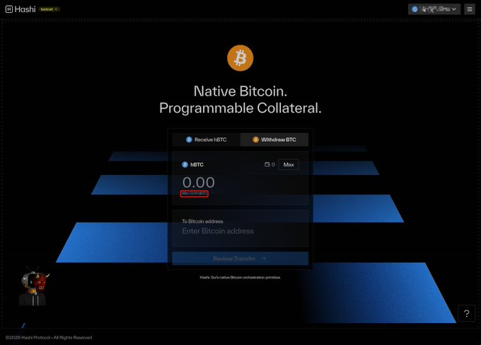 A screenshot of the Hashi Protocol website displaying 'Native Bitcoin. Programmable Collateral.' with a transfer interface showing 'Receive hBTC' and 'Withdraw BTC' tabs, with the hBTC amount set to 0.00 and a minimum of 0.0001 BTC.