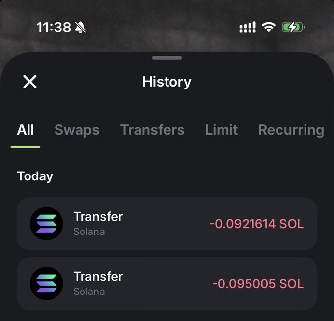 A mobile app screenshot showing a transaction history on Solana, displaying two transfers of -0.0921614 SOL and -0.095005 SOL under the 'Today' tab.