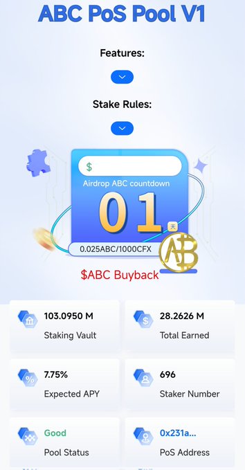 ABC PoS Pool V1 staking dashboard showing a 01-day airdrop countdown, $ABC buyback, 103.0950M staking vault, 7.75% expected APY, and 696 stakers.