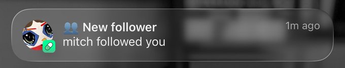 A notification badge shows "New follower - mitch followed you" with a 1m ago timestamp, displayed next to a colorful mascot profile icon. This appears to be a new follower alert received on the Pumpfun app, aligning with the morning greeting from the user.