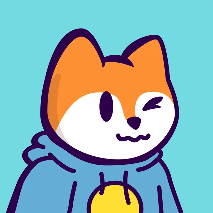 A cartoon illustration of an orange and white fox-like character wearing a blue hoodie with a yellow logo, winking and smiling against a blue background.