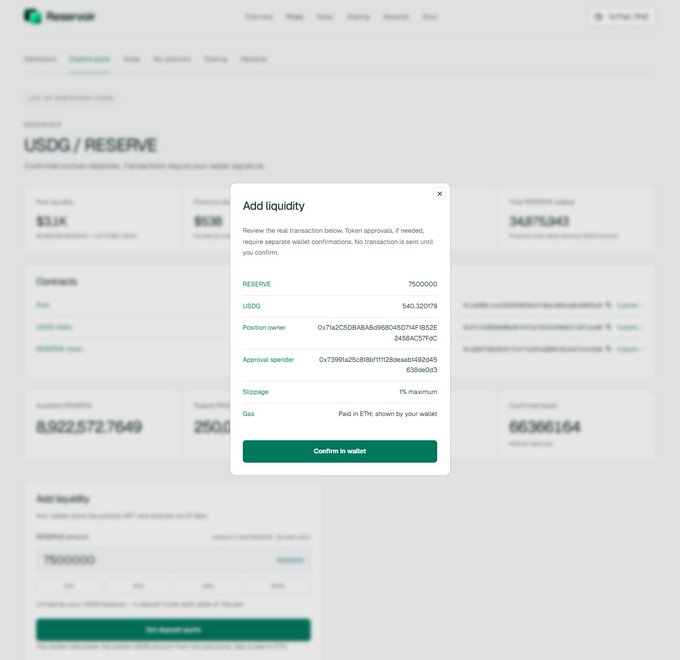 A Reserve Protocol interface showing an 'Add liquidity' confirmation modal for the USDG/RESERVE pool with 7,500,000 RESERVE and 540.320179 USDG.