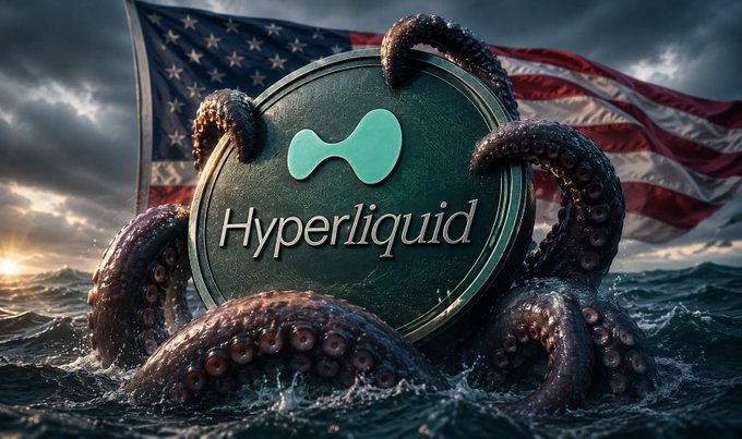 A stylized digital image shows a dark green 'Hyperliquid' coin emerging from the ocean, wrapped in octopus tentacles, with a tattered American flag flying against a cloudy sky in the background.