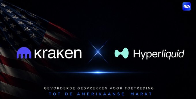 A graphic displays the Kraken and Hyperliquid logos with an American flag background and Dutch text reading 'GEVORDERDE GESPREKKEN VOOR TOETREDING TOT DE AMERIKAANSE MARKT' (Advanced talks for entry into the American market).