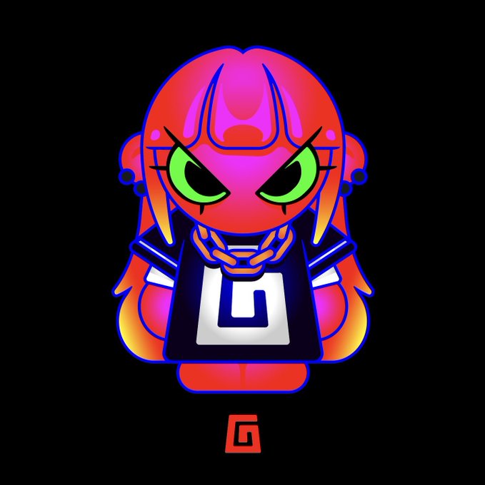 A chibi-style cartoon character with glowing pink and red skin, large green eyes, and long orange hair wears a black shirt featuring a white "G" logo, with a matching red "G" symbol displayed below against a black background—serving as the mascot for the GodPull project mentioned in the post.
