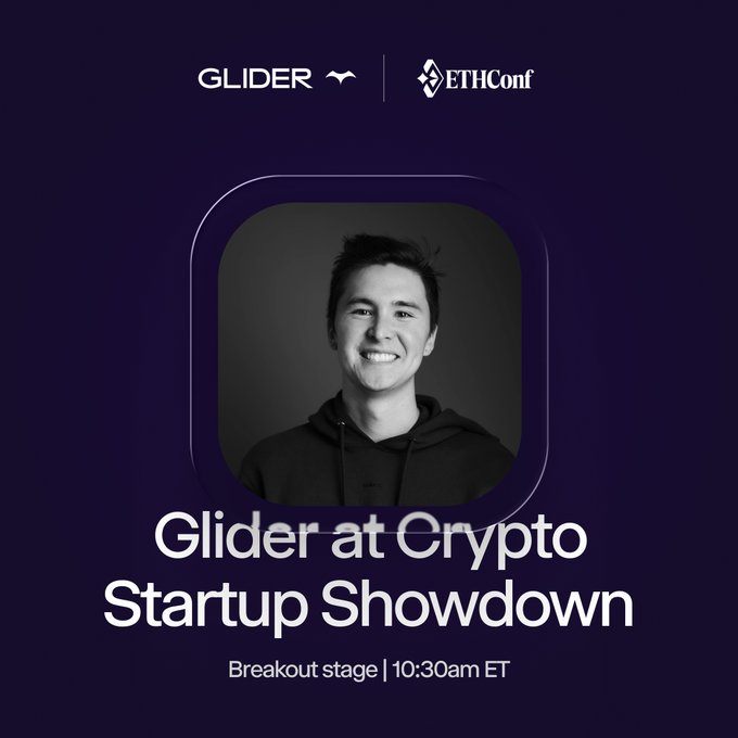 The image features a man wearing a hoodie with a smile on his face, standing against a dark background. The text "Glider" and "@ETHConf Crypto Startup Showdown" are displayed prominently at the top of the image. Below this, there is a description of an upcoming event where Glider will be showcasing their latest project at the @brianincrypto main stage from 10:30am to 10:30am ET. The man in the image appears to be promoting or announcing this event.