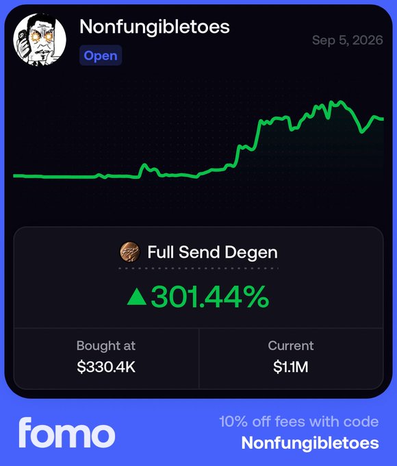 A trading dashboard showing 'Nonfungibletoes' with a 'Full Send Degen' gain of 301.44%, bought at $330.4K and currently at $1.1M, with promo text '10% off fees with code Nonfungibletoes'.