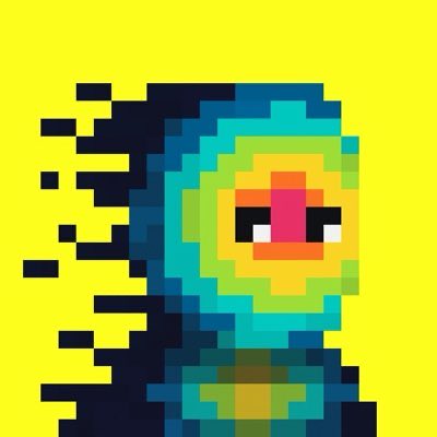 A pixel art image showing a colorful, glitching figure against a yellow background, featuring a character with a rainbow-like circular head pattern.