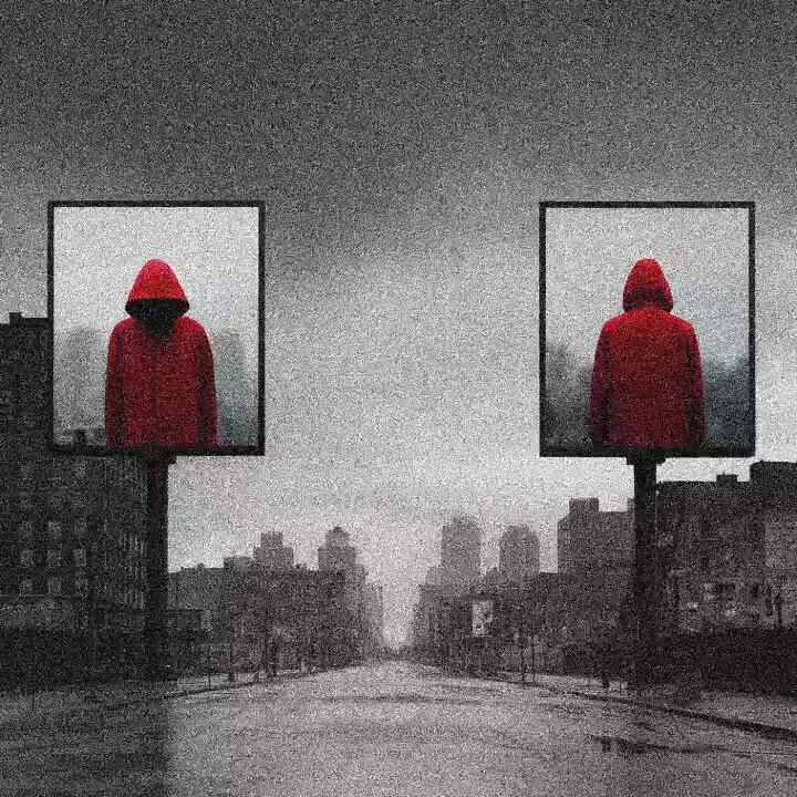 This image features two people standing near each other in the middle of an empty street. Both individuals are wearing red hoods or jackets. The background consists of a cityscape with tall buildings. The image contains slight text that reads "Happy Friday! Hooded Static. The city watches you." This text is located above and below the two people, slightly to the right. The phrase about watching each other appears to be unrelated to the main focus on the two individuals wearing red hoods in an empty street setting.