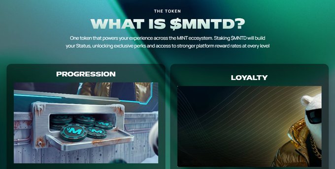A promotional webpage titled 'WHAT IS $MNTD?' describing the MNT ecosystem token, featuring 'PROGRESSION' and 'LOYALTY' sections with images of token coins and an anthropomorphic character.