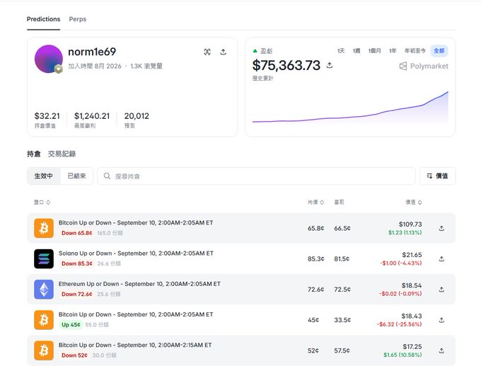 A Polymarket profile page for user 'normie69' displays a balance of $75,363.73, with active prediction positions on Bitcoin, Solana, and Ethereum Up/Down markets.