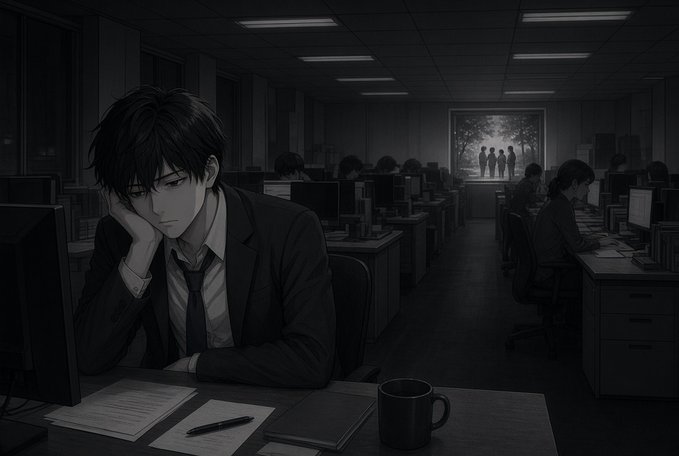 A monochromatic anime-style illustration of a tired office worker resting his head on his hand at his desk in a dimly lit office, with silhouettes visible in a doorway in the background.