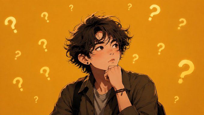 An anime-style illustration of a young man with dark hair looking up thoughtfully, surrounded by floating yellow question marks on an orange background.