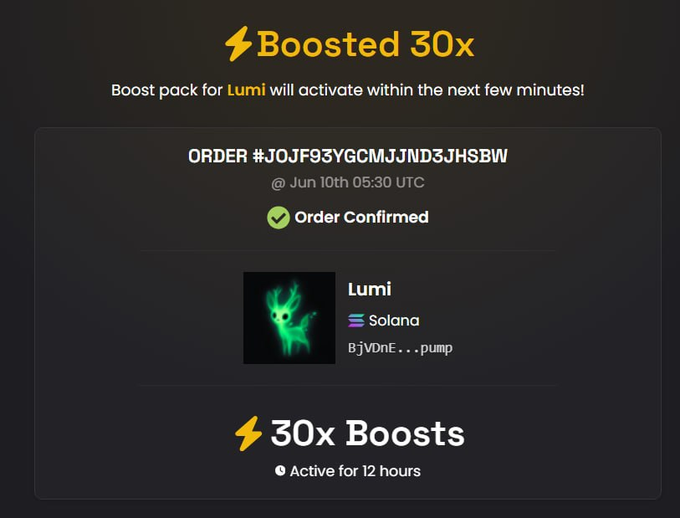 The image features a banner with various text elements, including numbers "30x", "#Pump", "#SOLANA", "#DEXSCREENER", and "@TOKEN". The text appears to be related to an email or message about a boost pack for a gaming item, possibly a game on a console such as the Nintendo Wii. The post is designed for social sharing purposes, so it highlights how users can "boost" their experience by paying with cryptocurrency (such as Bitcoin) and using special tokens provided in the offer.