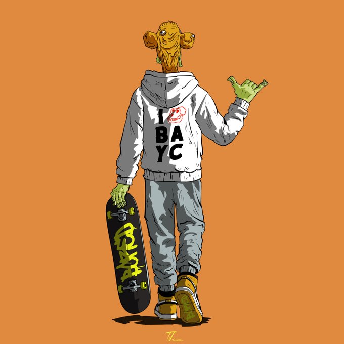 An illustration of a figure with a yellow alien head wearing a white hoodie with 'IBAYC' text, gray pants, and holding a skateboard on an orange background.