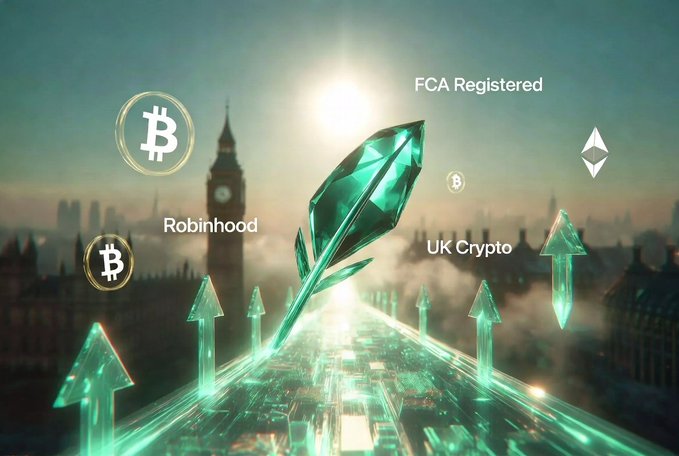 A glowing green crystal rocket soars upward against a London skyline, flanked by Bitcoin symbols and labels reading "FCA Registered," "Robinhood," and "UK Crypto," symbolizing Robinhood's newly approved status as a registered digital asset firm in the UK and the rising momentum of the country's crypto industry.