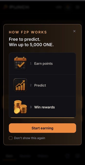 A mobile app pop-up titled "HOW F2P WORKS" explaining a free prediction system to "Win up to 5,000 ONE," with steps to "Earn points," "Predict," and "Win rewards," plus a "Start earning" button.