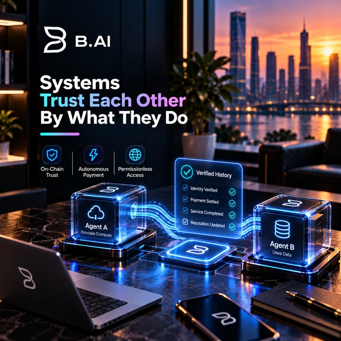 Advertisement for B.AI with the headline 'Systems Trust Each Other By What They Do,' highlighting features like On-Chain Trust, Autonomous Payment, and Permissionless Access between Agent A and Agent B.