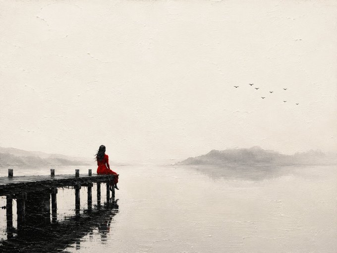 A minimalist artwork of a woman in a red dress sitting on a wooden pier overlooking a misty lake with birds flying in the distance.
