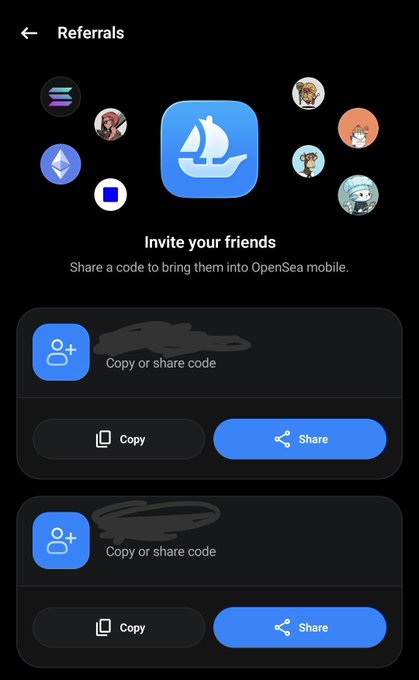A mobile app screen titled 'Referrals' with a blue sailboat logo, showing 'Invite your friends' and options to copy or share two referral codes, with avatars of various NFT/crypto characters around the OpenSea logo.