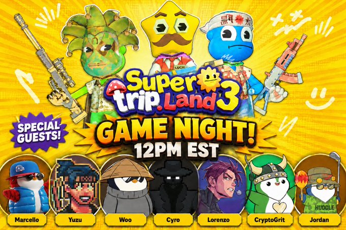 The image features a poster for Super Trip Land 3's Game Night event. The poster includes a list of characters from the game, such as a green dragon, a blue robot, and a yellow star, along with their corresponding names like Yuki, Cyo, and Lorneo. The poster also displays the text "Special guests! 12pm EST" and "Meeting in the Abstract Discord in the Elite Chad Voice Channel in about an hour!". This suggests that there might be some special guests or unique discussions happening at this event related to the game characters featured on the poster.