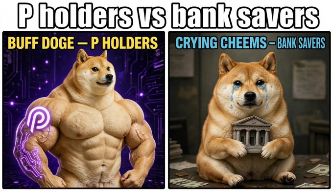 A meme comparing cryptocurrency investors and traditional savers using two Shiba Inu images: a muscular 'BUFF DOGE – P HOLDERS' and a crying 'CRYING CHEEMS – BANK SAVERS' holding a bank.