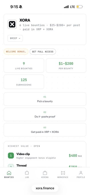 A screenshot of the XORA app (xora.finance) showing '6 live bounties' paying in XRP + XDORA, with '125 submissions' and options including 'Pick a bounty,' 'Do it,' and 'Get paid in XRP + XDORA.'