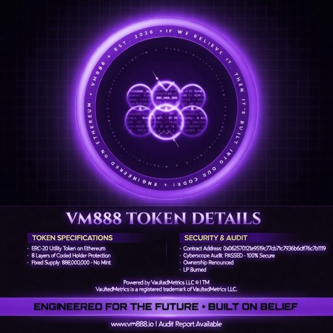 Marketing graphic for VM888 Token showing token specifications: ERC-20 Utility Token on Ethereum with 8 layers of coded holder protection and a fixed supply of 888,000,000, branded 'ENGINEERED FOR THE FUTURE • BUILT ON BELIEF'.