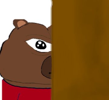 The image shows a cartoon bear with a sad expression peeking out from behind a brown door or wall, wearing a red shirt. The post references "The fake Trump coin," suggesting this peeking bear meme humorously represents someone cautiously or hesitantly revealing something dubious, likely symbolizing skepticism or embarrassment around the fraudulent cryptocurrency.