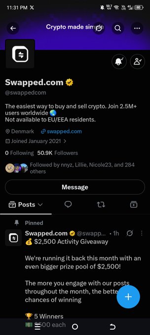 A Twitter/X screenshot of the @swappedcom profile, which has 50.9K followers and promotes itself as "The easiest way to buy and sell crypto. Join 2.5M+ users worldwide," featuring a pinned "$2,500 Activity Giveaway" post. The accompanying post shows the user's dedication to engaging with Swapped.com's content by liking, retweeting, and replying to posts for a full month to qualify for the giveaway.