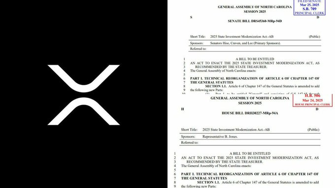 The image shows North Carolina Senate Bill DR5050360-Mlr-94D and House Bill DR102227-MRp-94A, both titled "2025 State Investment Modernization Act - AB," sponsored by Senators Hise, Craven, and Lee and Representative B. Jones respectively, with the XRP logo displayed on the left side of the image.