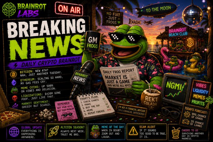 A vibrant, cartoon-style 'Breaking News' graphic from 'Brainrot Labs' features a frog in sunglasses and a Hawaiian shirt, surrounded by meme references and crypto jargon like 'GM FROGS', 'NGMI', 'WAGMI', and 'REKT COLADA'.