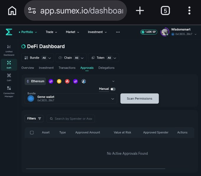 The image shows the Sumex DeFi Dashboard's "Approvals" tab displaying "No Active Approvals Found" for the Ethereum chain and a "Geme wallet" (0xC8D3...38c7), illustrating the post's message about the importance of regularly reviewing and managing wallet token permissions to avoid lingering dApp approvals.
