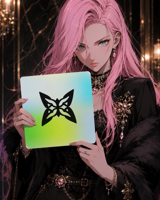 An anime-style illustration of a pink-haired woman in dark gothic attire holding a holographic card displaying a black butterfly/star logo.