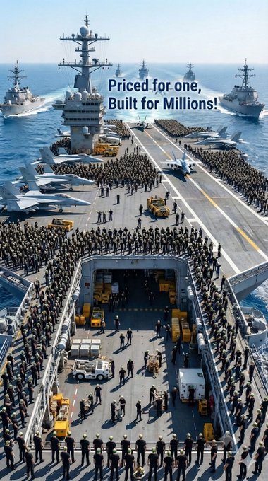 Aerial view of a crowded aircraft carrier deck with sailors assembled, overlaid with the text 'Priced for one, Built for Millions!'
