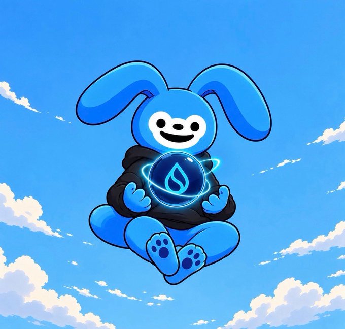 A cartoon illustration of a blue bunny-like character wearing a black hoodie, holding a glowing blue orb with a water droplet symbol, set against a bright blue sky with scattered white clouds.