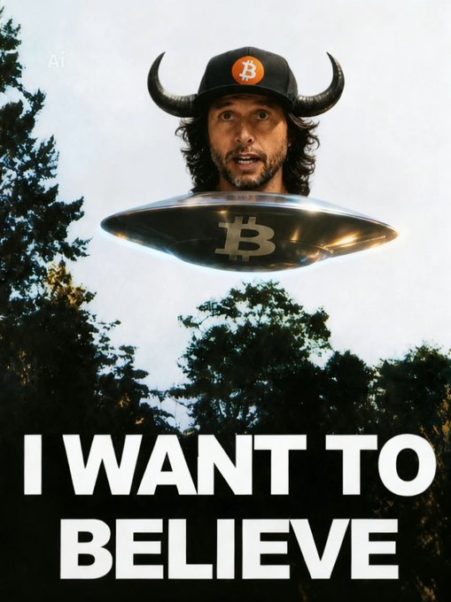 AI-generated poster showing a man wearing a horned hat and Bitcoin logo emerging from a UFO with the text 'I WANT TO BELIEVE'.