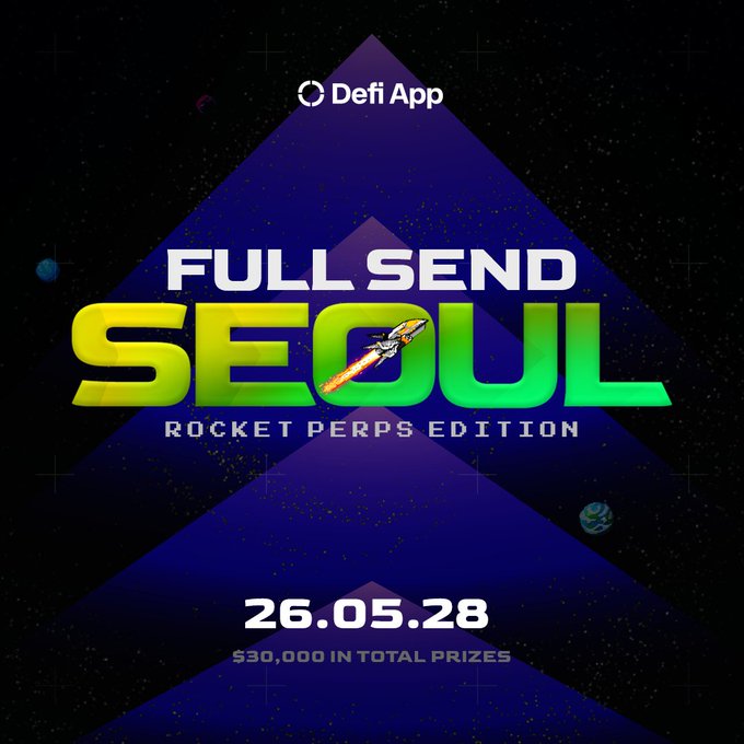 The poster for Full Send Seoul contains information about an upcoming Rocket Perps event. It features a colorful illustration of a rocket taking off against a purple background with stars scattered across it. The text at the top of the poster announces "Full Send Seoul", and below this, there's a logo representing Defi App that helps players navigate through the game. A post on Twitter indicates $30K is available in total prizes for all players who successfully answer the challenge. Users are encouraged to find @0xtkyeo to participate in the event. The poster also includes a line of text stating, "Focus on what's in the image and how it relates to the post."