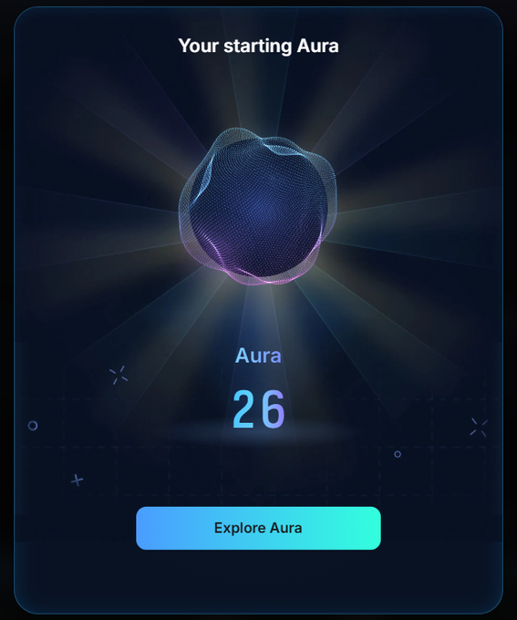 A digital interface titled 'Your starting Aura' displaying an abstract 3D shape with a score of 'Aura 26' and an 'Explore Aura' button.