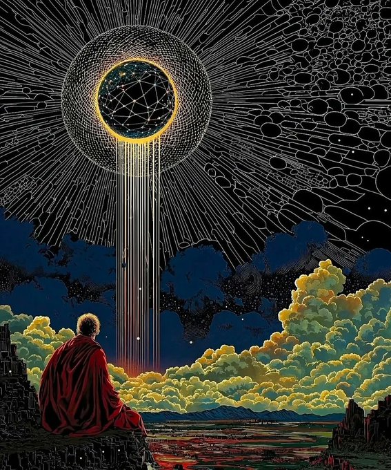 A figure in red robes sits looking up at a massive glowing orb in the night sky above a surreal landscape of golden clouds.