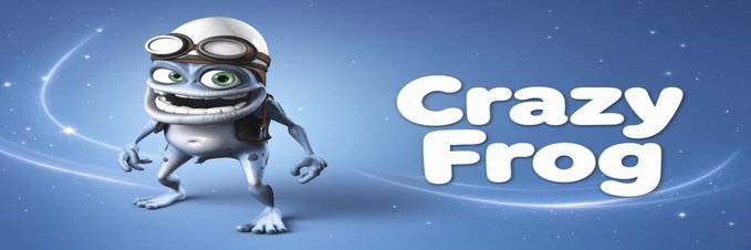 The image is a promotional banner for the "$CRAZYFROG" meme coin, featuring the iconic Crazy Frog character—a blue, cartoonish amphibian wearing goggles and grinning—set against a blue starry background with "Crazy Frog" text on the right. It ties into the post's theme by leveraging the nostalgic viral fame of the Crazy Frog internet meme to market the newly launched token, combining meme culture branding with the frog-themed crypto meta.