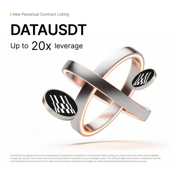 A promotional graphic announcing "New Perpetual Contract Listing: DATAUSDT" with "Up to 20x leverage," featuring a 3D metallic ring design alongside two circular emblems displaying a stylized "M" pattern, supporting Bybit's announcement of $DATA trading availability.