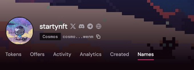 A social media profile header for 'startynft' showing a cosmic-themed avatar, with navigation tabs for Tokens, Offers, Activity, Analytics, Created, and Names (currently selected) on a dark pixelated background.