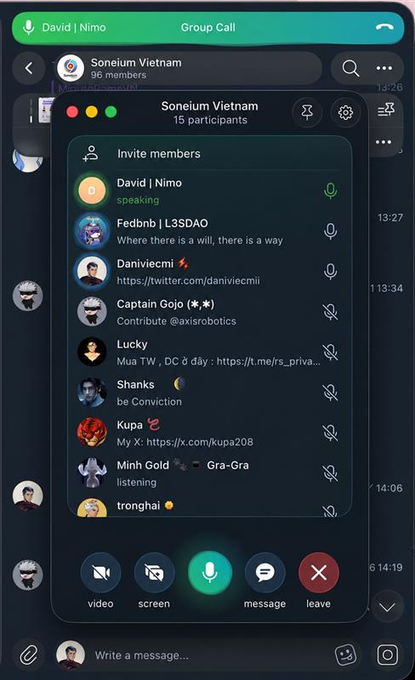 A Telegram group call screenshot titled 'Soneium Vietnam' with 15 participants visible, showing the invite members list including names like David | Nimo, Fedbnb, and Daniiecmi.