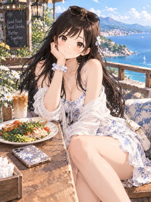 An anime-style illustration of a young woman with long dark hair, sunglasses on her head, and a white floral dress, sitting at a seaside cafe with a salad, iced coffee, and a chalkboard reading 'Good Food Good Drinks Better Together'.