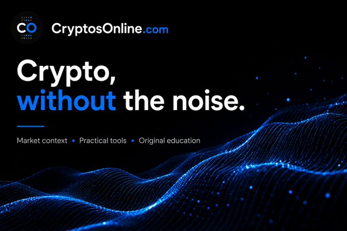 An advertisement for CryptosOnline.com with the tagline 'Crypto, without the noise' featuring blue digital wave patterns and text highlighting 'Market context', 'Practical tools', and 'Original education'.
