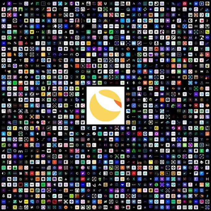 A dense grid of hundreds of small colorful app and brand icons surrounds a central white square displaying a yellow stylized leaf/coin logo, symbolizing community strength. The mosaic visualizes the vast, united support behind $LUNC (Terra Luna Classic), reinforcing the post's message that the LUNC army remains resolute and refuses to fold.