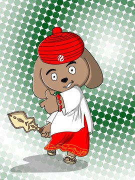 An animated cartoon dog character wears a red turban and white robe, holding a wooden sign and standing against a green dotted background.