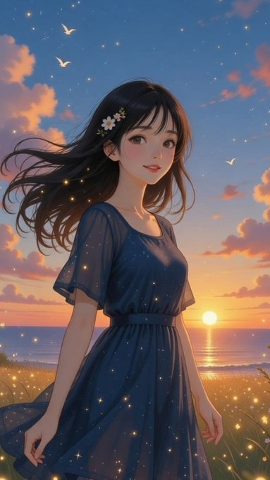 An anime-style illustration of a young woman with long dark hair in a blue dress, standing in a field at sunset.