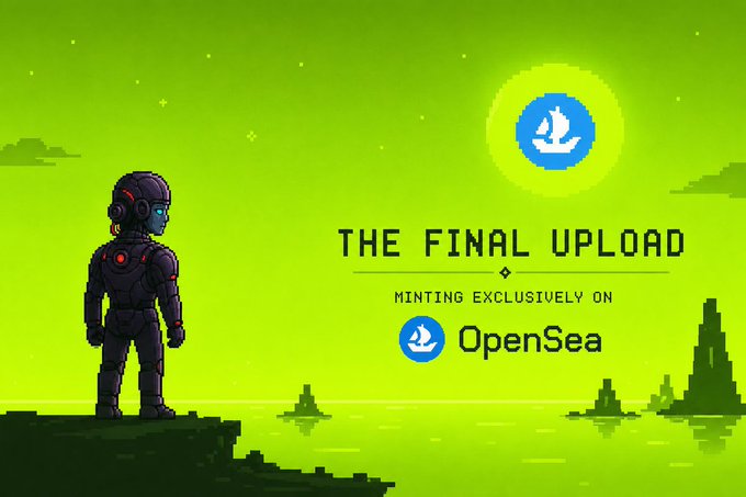 A promotional graphic featuring a robotic figure overlooking a green landscape with the text 'THE FINAL UPLOAD' and 'MINTING EXCLUSIVELY ON OpenSea'.